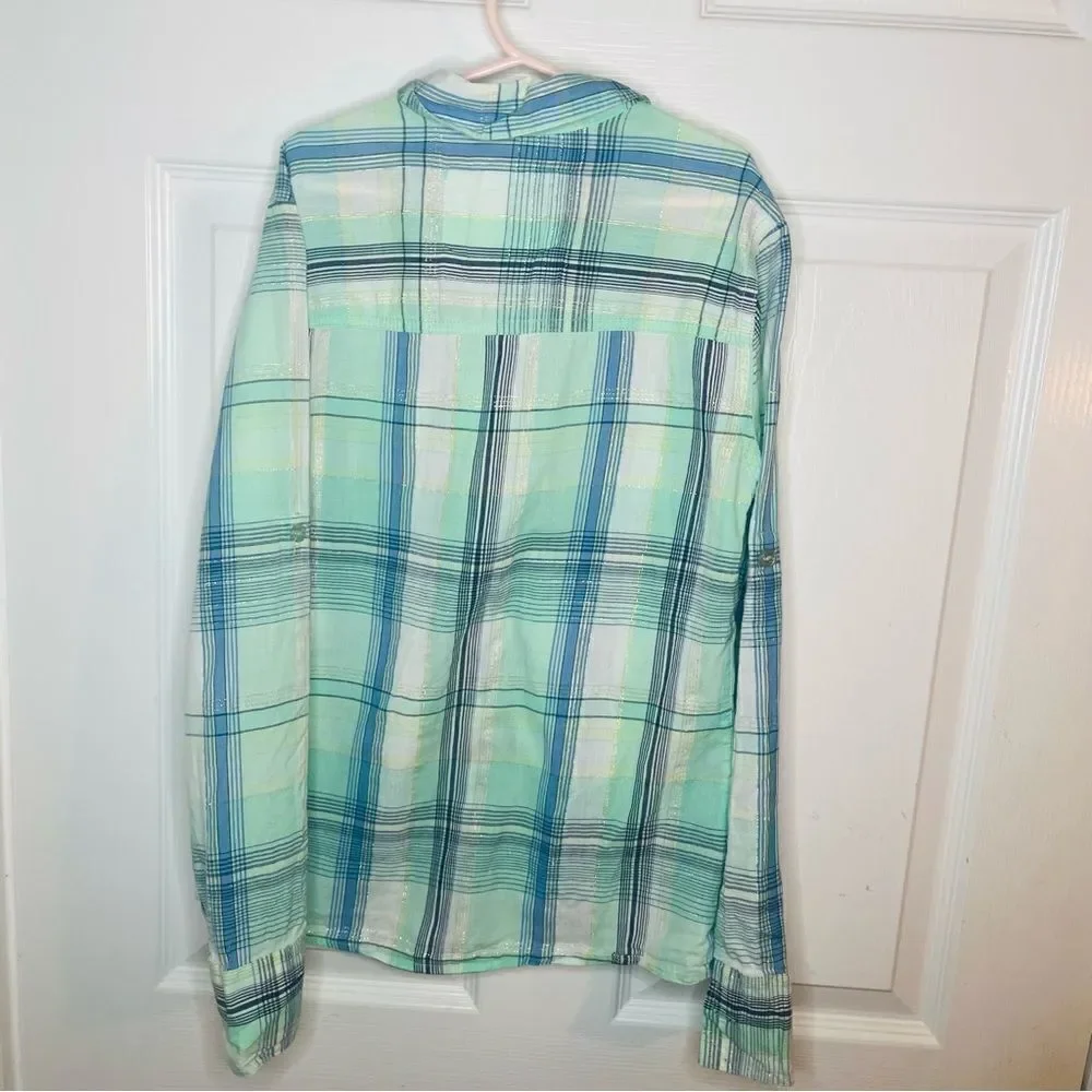 Justice Paint Splatter Silver Thread Plaid Button Down Shirt Green Blue 12